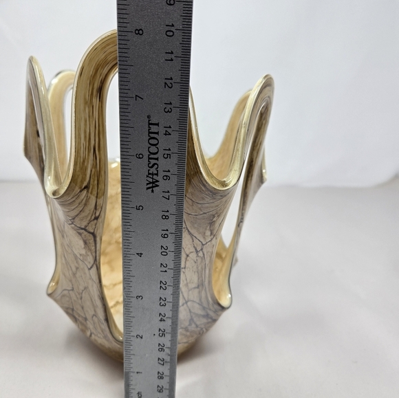 Makora Krosno Vintage Hand Blown Made Swirl Gold & Brown Open Vase Glass Ruffle - Picture 8 of 10